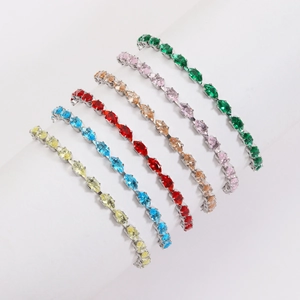 Detailed close-up of colorful marquise cut zircon tennis bracelets in six vibrant colors
