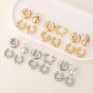 Fashionable gold and silver C-shape ear cuff and textured stud earring set for women