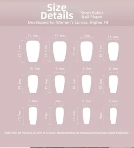 Size chart showing 12 dimensions for short ballerina shape press-on false nails