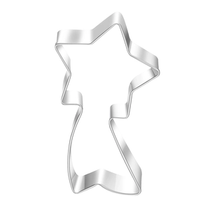 Detailed view of a shooting star shaped stainless steel cookie cutter on white background