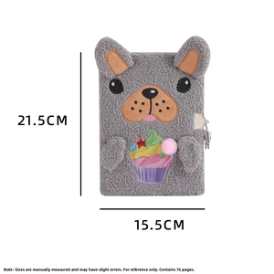 Detail view of A5 plush dog notebook showing dimension markings and 76 sheets of inner pages