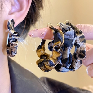 Leopard print fabric wrapped hoop earrings with vintage silver needles for women