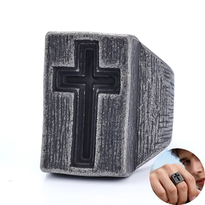Men Vintage Cross Signet Ring Titanium Steel Distressed Punk Gothic Textured Jewelry Retro Style