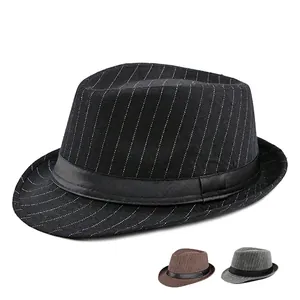 Vintage British Style Fedora Hat Striped Woolen Blend Jazz Cap With Satin Ribbon Short Brim Elegant For Autumn Winter