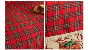 Close-up of red and green plaid Christmas blanket featuring white tassels and soft texture