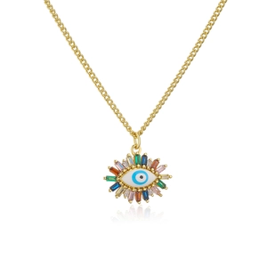 18K gold plated necklace with colorful zircon evil eye pendant on white background