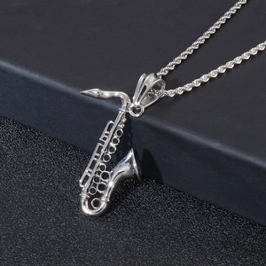 Silver saxophone pendant necklace made of titanium steel with twisted rope chain