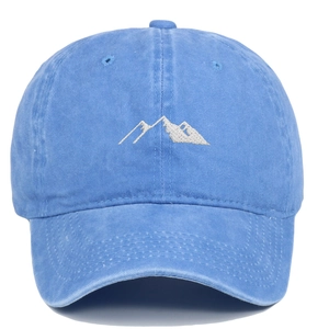 Vintage washed light blue baseball cap featuring white mountain embroidery on front