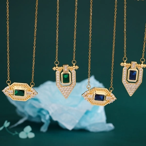 Vintage Geometric Copper Rhinestone Pendant Necklace For Women Retro Art Deco Gold Plated Jewelry Emerald Blue Stone Accessory