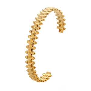Minimalist gold stainless steel open bangle with coin and sun engraving patterns