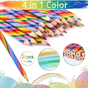 24pcs Rainbow Pencils Set with 4-in-1 Multicolor Cores for Creative Children Drawing