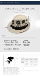 Size chart showing adjustable 56-60cm circumference for straw fedora sun hats