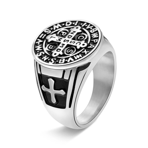 Men Vintage St Benedict Medal Signet Ring Stainless Steel Religious Exorcist Cross Gothic Punk Jewelry Retro