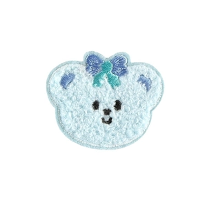 Light blue cartoon bear towel embroidery patch with a green and blue bow tie accessory