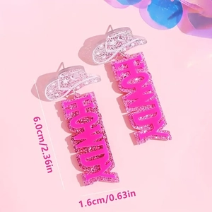 Pink glitter HOWDY acrylic earrings with cowboy hat studs, size 6.0cm by 1.6cm