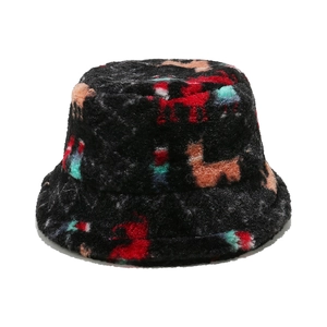 Close-up of thick plush fleece fabric and colorful animal patterns on the fisherman hat