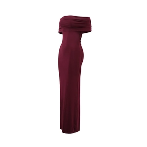 Detail of burgundy off-shoulder ruched dress showing the fabric texture and drapes