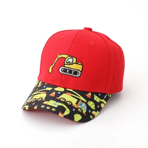Detail of kids baseball cap featuring excavator embroidery and construction print brim