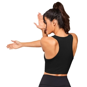 Débardeur court de sport noir côtelé pour femme, idéal fitness et décontracté