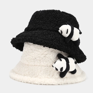 Cute Panda Bucket Hat Faux Lamb Wool Winter Warm Plush Hat For Women Japanese Style Kawaii Casual Accessory