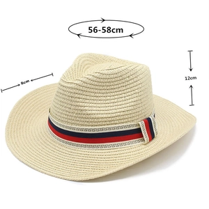 Detail view of woven straw hat with red and blue striped band and Greek key pattern edge