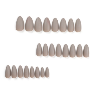 24 pieces of matte khaki almond false nails set neatly arranged on a white background