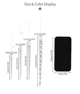 Size comparison chart of acrylic icicle ornaments next to a smartphone for scale