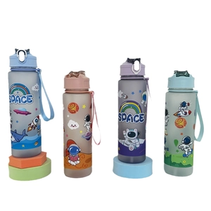 Frosted cartoon astronaut water bottle with bounce lid and handle rope in four colors
