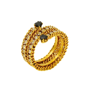 18K gold plated stainless steel triple chain ring with zircon and black pear stones