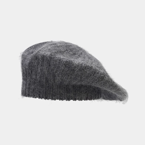 Winter dark grey rabbit fur knit beret hat with plush texture for women's vintage style