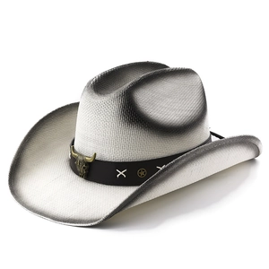 Cappello da cowboy in paglia sfumato bianco e nero con decorazione a testa di toro