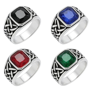 Stainless Steel Ring Men Retro Celtic Knot Design Rectangle Gemstone Viking Style Vintage Jewelry
