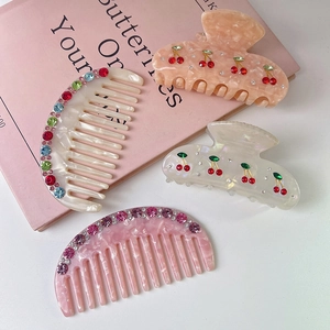 Acetate Hair Claw Clips And Hair Combs Cherry Rhinestone Colorful Marble Pattern Fashion Styling Accessories For Women Girls