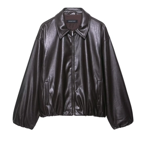 Women PU Leather Jacket Vintage Lapel Zip Up Oversized Long Sleeve Streetwear Faux Leather Coat Outwear