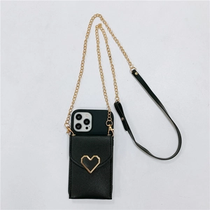 Crossbody black PU leather phone case with golden heart ornament and metal chain strap