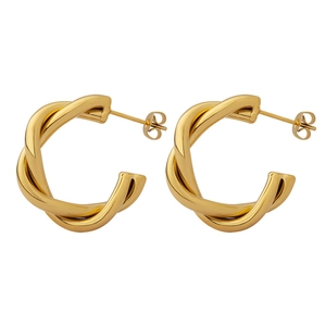 Pair of gold C-shaped twisted earrings in titanium steel with a high-polished finish