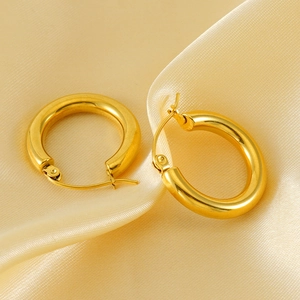 Classic Round Hoop Earrings 18K Gold Plated Stainless Steel High Polished Vintage French Style Jewelry For Women