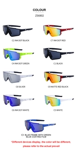 Matrix display of model ZS6802 cycling sunglasses in various colors and splash patterns