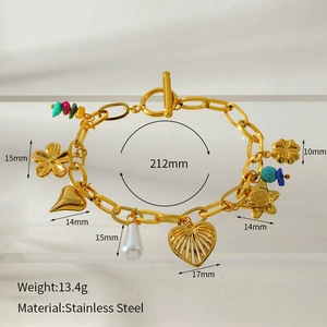 Detailed size specifications of 18K gold plated stainless steel charm bracelet with charms