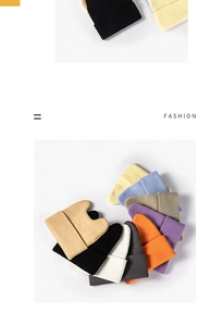Close-up of winter knitted beanie hats in a variety of vibrant colors with fashion text