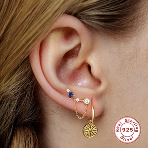 925 sterling silver moon phase medallion drop hoop earrings with purple gemstone