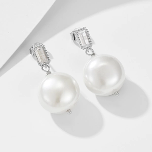 Elegant s925 silver pearl drop earrings with rectangular clear zircon and large white pearls