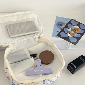 Trousse à maquillage fleurie double couche avec nœud et grande capacité de rangement
