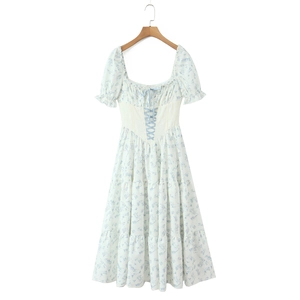 Robe Midi Vintage Française Polyester Imprimé Floral Ange Manches Bouffantes Col Carré Lacé Femmes