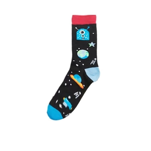 Detail of creative crew sock featuring cartoon aliens and planet patterns on black cotton