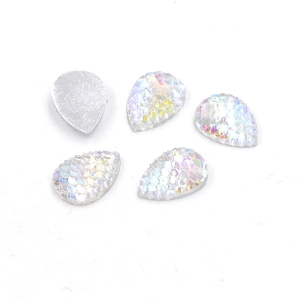 Detailed view of 13x18mm teardrop resin charms with AB rainbow fish scale texture and flat back