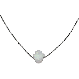White Hamsa Hand opal pendant necklace with delicate dark metal chain on white background