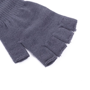 Detail shot of grey knitted fingerless gloves showing high-quality acrylic fabric texture