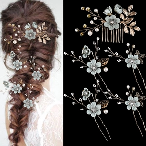 5Pcs bridal hair pins set with light blue flowers, pearls and golden leaves detail