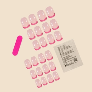 24-piece pink French press-on nail kit with nail file and adhesive sticker tabs set